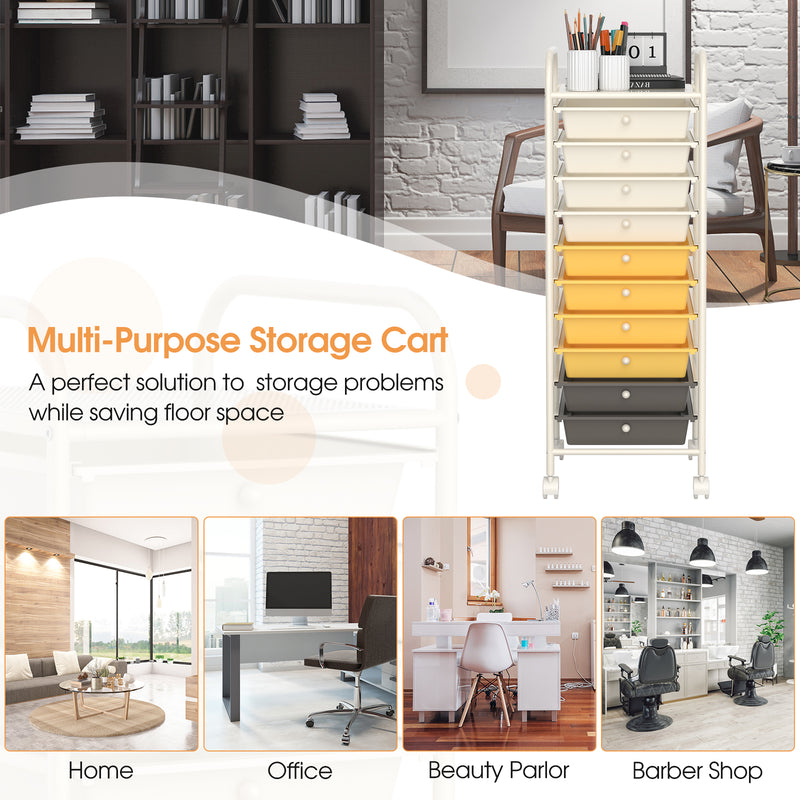 10 Drawer Rolling Storage Cart Organizer with 4 Universal Casters-Yellow