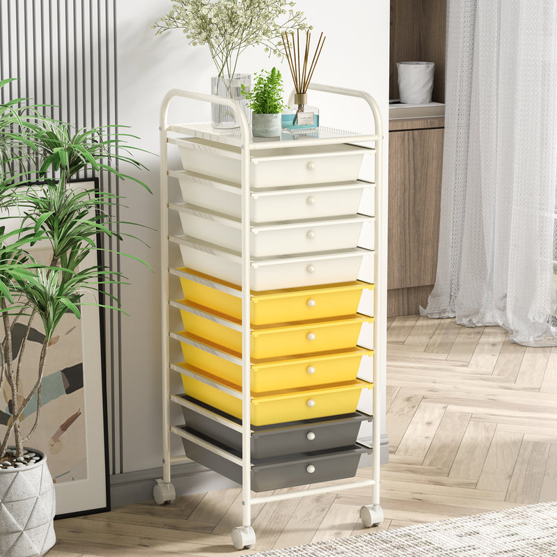 10 Drawer Rolling Storage Cart Organizer with 4 Universal Casters-Yellow