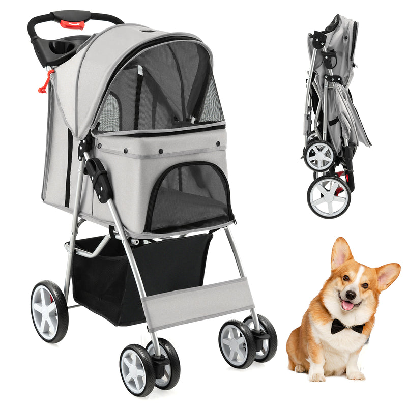 Folding Pet Stroller with Storage Basket and Adjustable Canopy-Gray