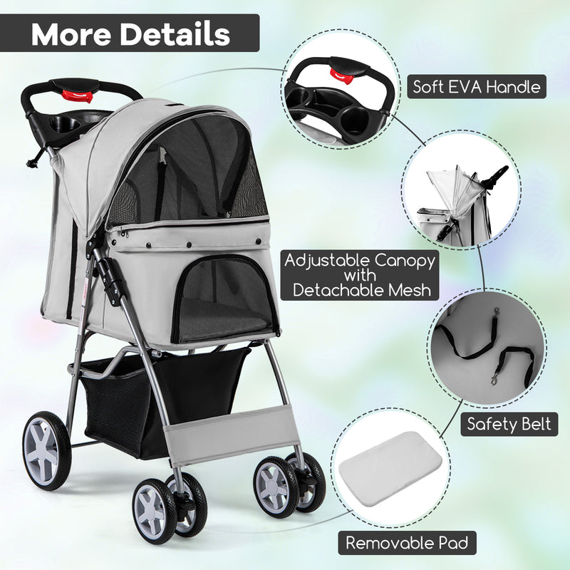 Folding Pet Stroller with Storage Basket and Adjustable Canopy-Gray