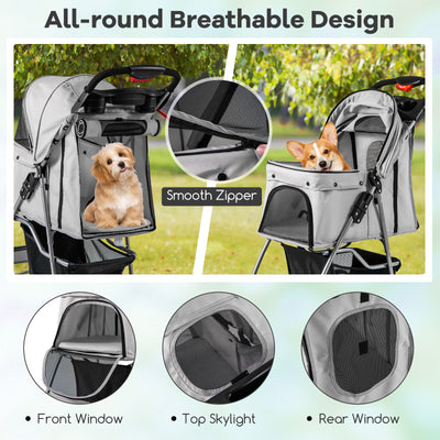 Folding Pet Stroller with Storage Basket and Adjustable Canopy-Gray