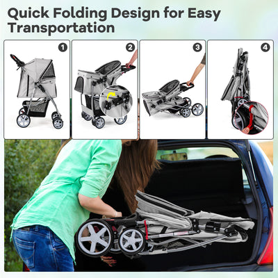 Folding Pet Stroller with Storage Basket and Adjustable Canopy-Gray