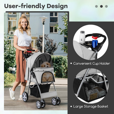 Folding Pet Stroller with Storage Basket and Adjustable Canopy-Gray