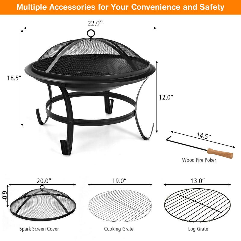 22 Inch Steel Outdoor Fire Pit Bowl With Wood Grate