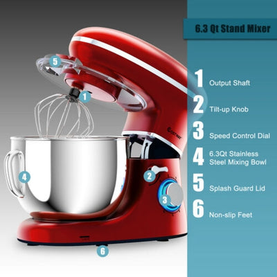 6.3 Quart Tilt-Head Food Stand Mixer 6 Speed 660W-Red