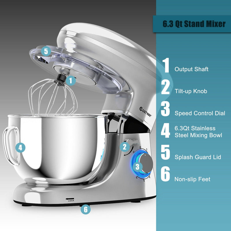 6.3 Quart Tilt-Head Food Stand Mixer 6 Speed 660W-Silver