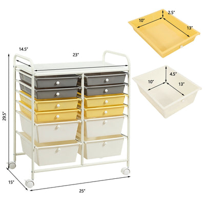 12 Drawers Rolling Cart Storage Scrapbook Paper Organizer Bins-Yellow