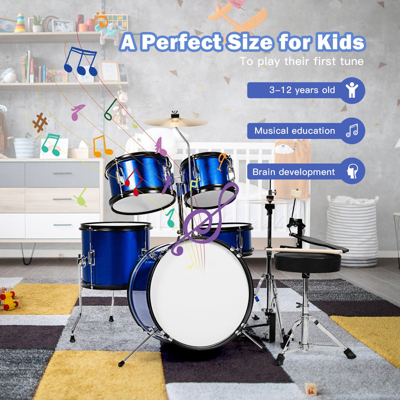 16 Inch 5 Pieces Complete Kids Junior Drum Set Children Beginner Kit-Blue