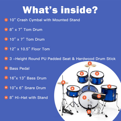 16 Inch 5 Pieces Complete Kids Junior Drum Set Children Beginner Kit-Blue