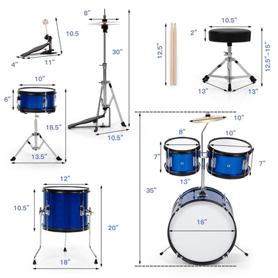 16 Inch 5 Pieces Complete Kids Junior Drum Set Children Beginner Kit-Blue