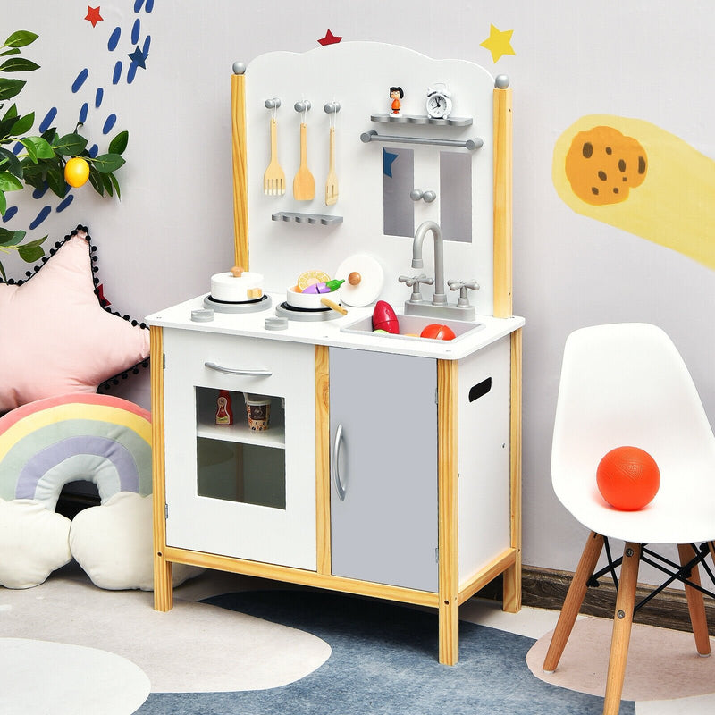 Kids Play Kitchen Set Toddler Pretend Cooking Set with Cabinet and Accessories