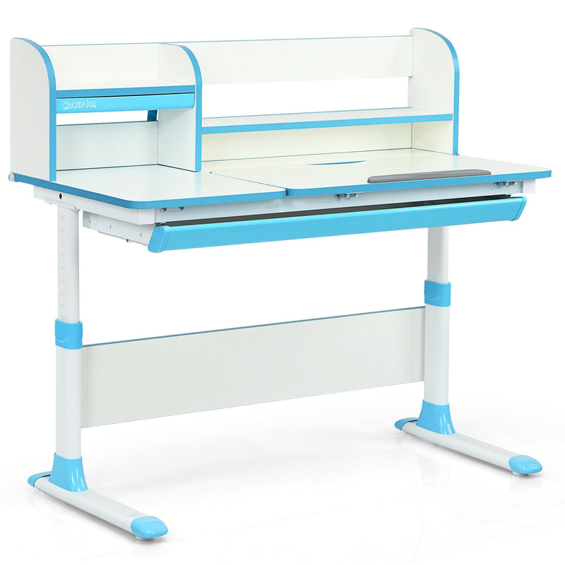 Adjustable Height Study Desk with Drawer and Tilted Desktop for School and Home-Blue