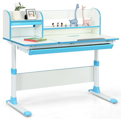 Adjustable Height Study Desk with Drawer and Tilted Desktop for School and Home-Blue