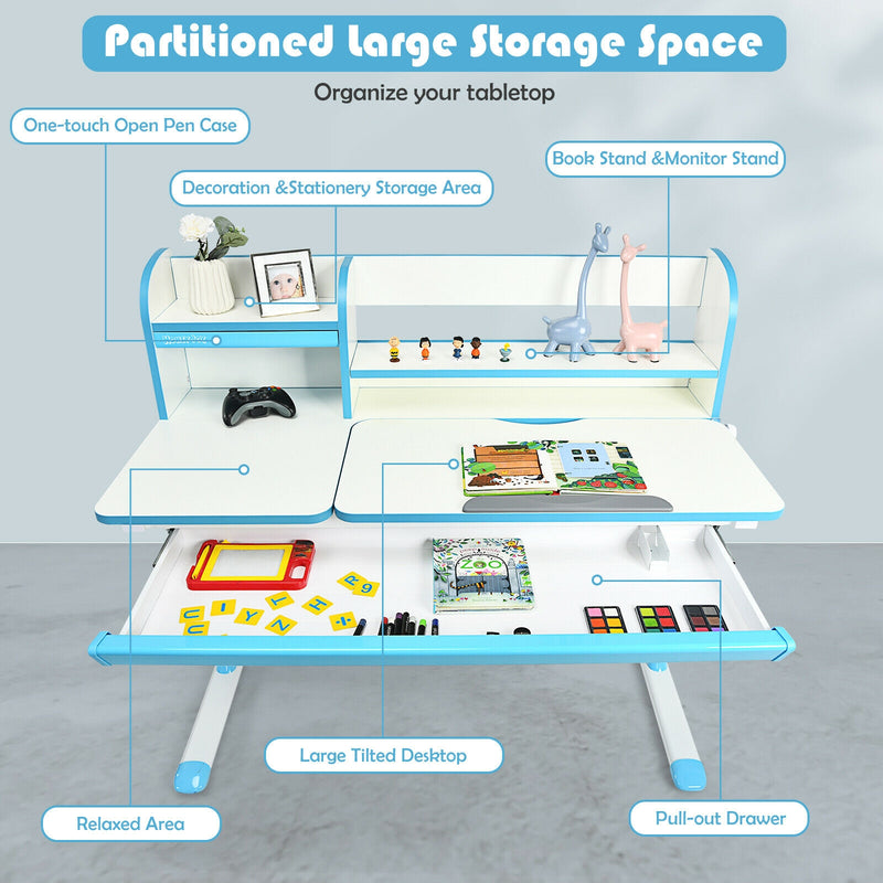 Adjustable Height Study Desk with Drawer and Tilted Desktop for School and Home-Blue