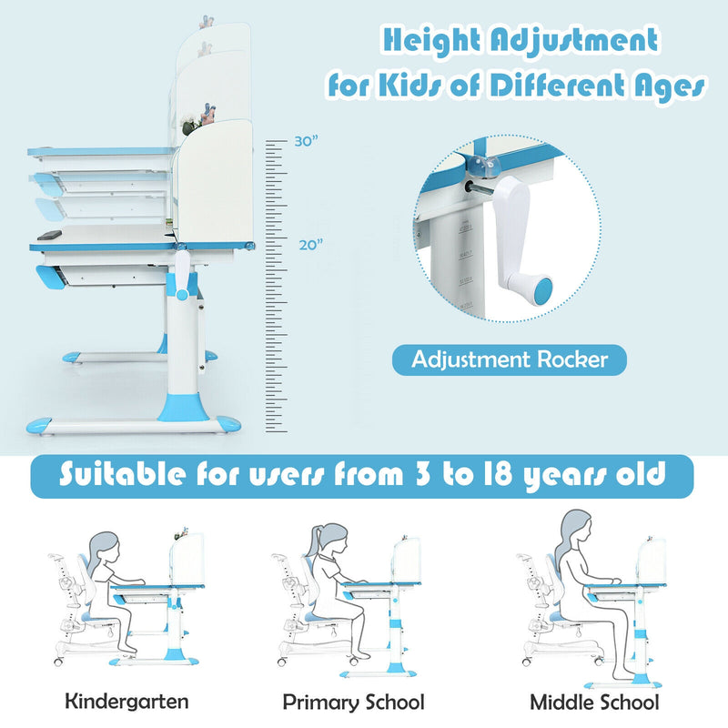 Adjustable Height Study Desk with Drawer and Tilted Desktop for School and Home-Blue