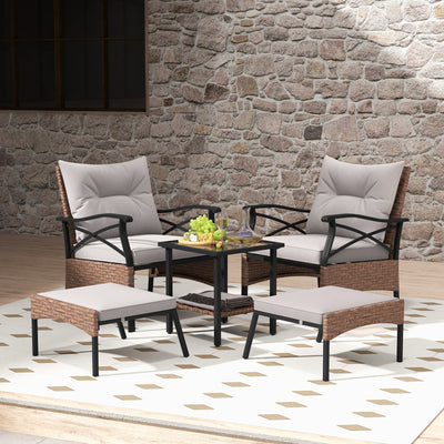 5 Pieces Wicker Patio Furniture Set Ottomans and Cushions and 2-Tier Tempered Glass Side Table-Brown