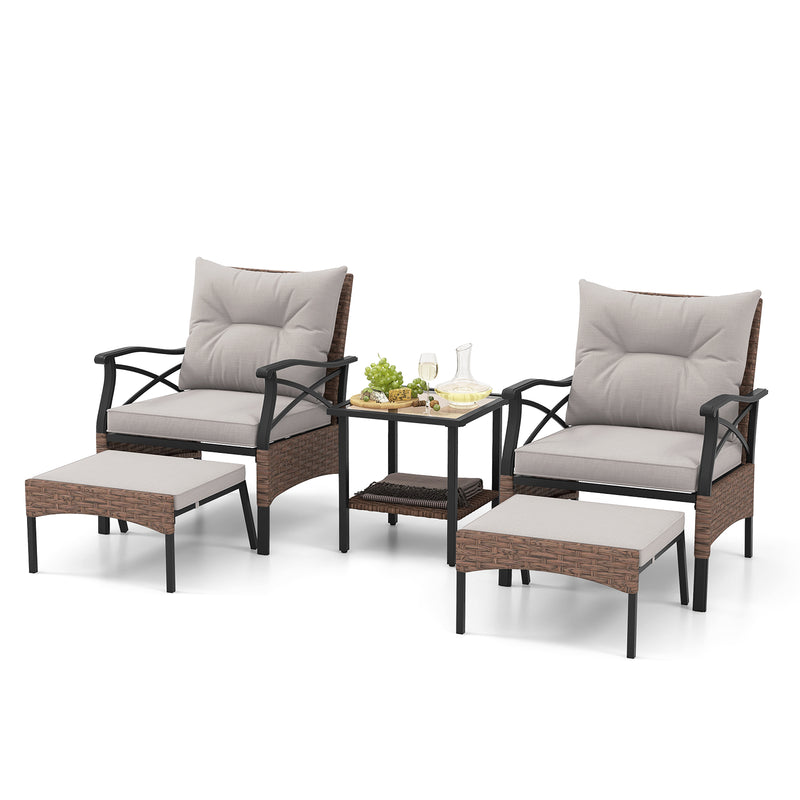 5 Pieces Wicker Patio Furniture Set Ottomans and Cushions and 2-Tier Tempered Glass Side Table-Brown