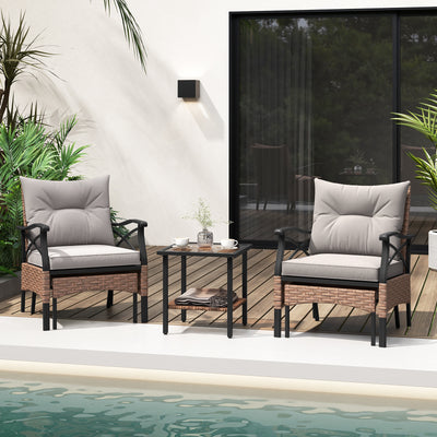 5 Pieces Wicker Patio Furniture Set Ottomans and Cushions and 2-Tier Tempered Glass Side Table-Brown