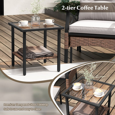 5 Pieces Wicker Patio Furniture Set Ottomans and Cushions and 2-Tier Tempered Glass Side Table-Brown