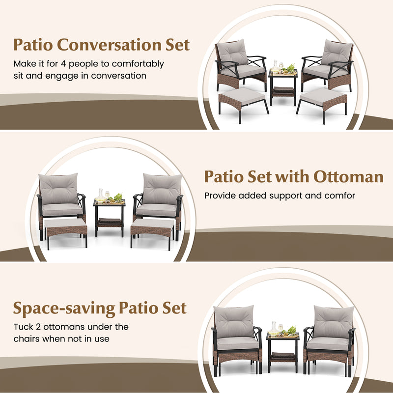 5 Pieces Wicker Patio Furniture Set Ottomans and Cushions and 2-Tier Tempered Glass Side Table-Brown