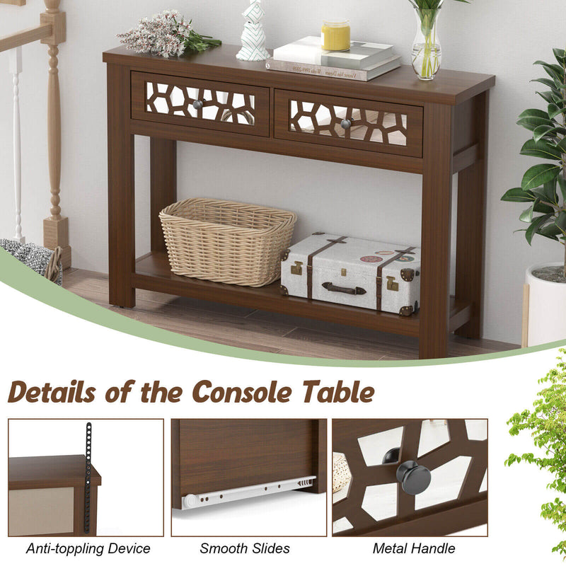 2-Tier Console Table with Drawers and Open Storage Shelf-Brown