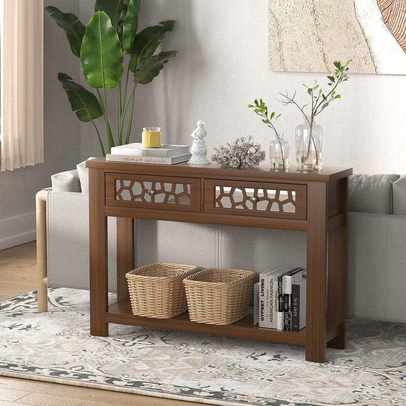 2-Tier Console Table with Drawers and Open Storage Shelf-Brown