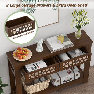 2-Tier Console Table with Drawers and Open Storage Shelf-Brown