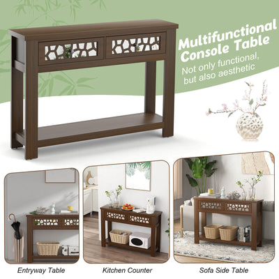 2-Tier Console Table with Drawers and Open Storage Shelf-Brown