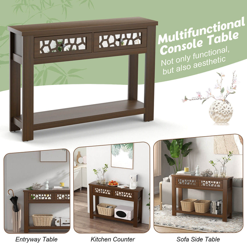 2-Tier Console Table with Drawers and Open Storage Shelf-Brown