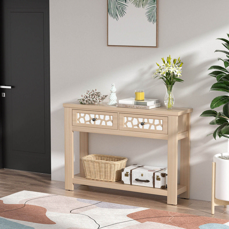 2-Tier Console Table with Drawers and Open Storage Shelf-Natural