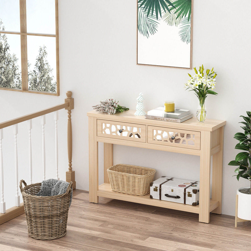 2-Tier Console Table with Drawers and Open Storage Shelf-Natural