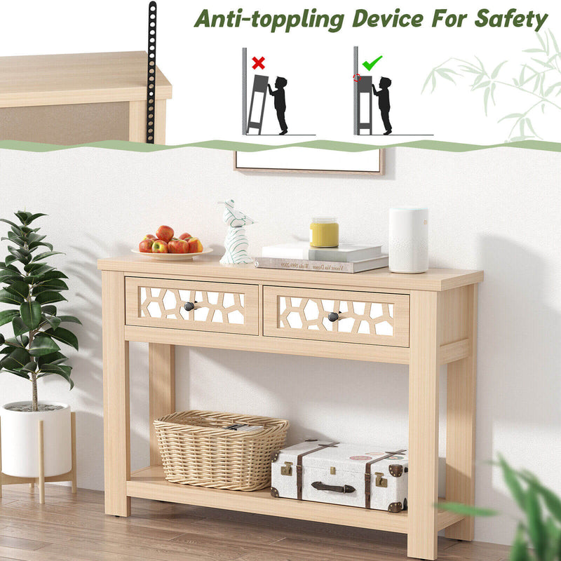 2-Tier Console Table with Drawers and Open Storage Shelf-Natural