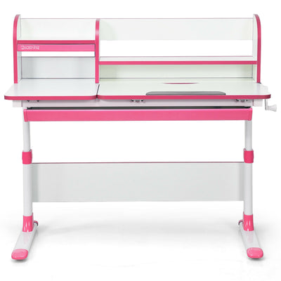 Adjustable Height Study Desk with Drawer and Tilted Desktop for School and Home-Pink