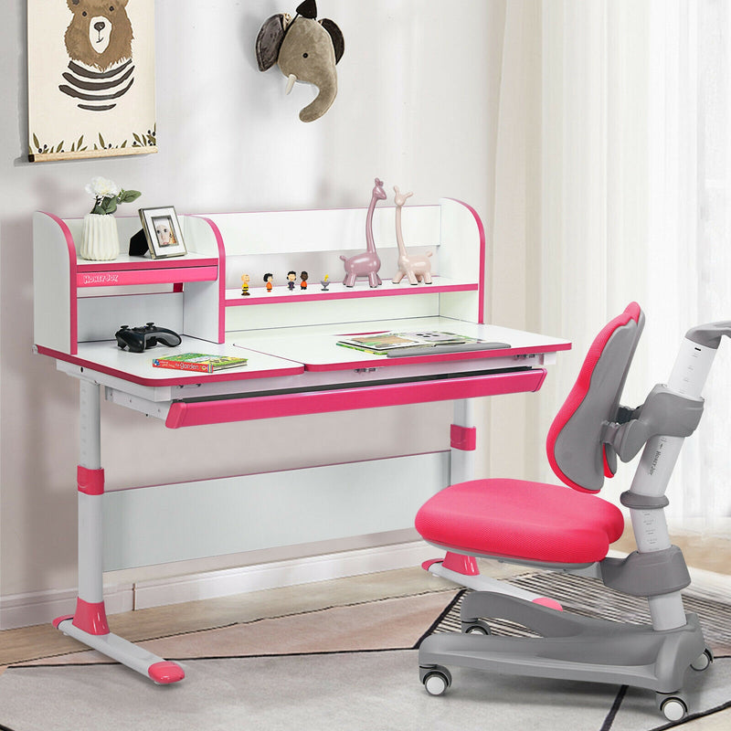 Adjustable Height Study Desk with Drawer and Tilted Desktop for School and Home-Pink