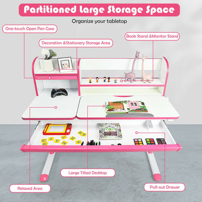 Adjustable Height Study Desk with Drawer and Tilted Desktop for School and Home-Pink