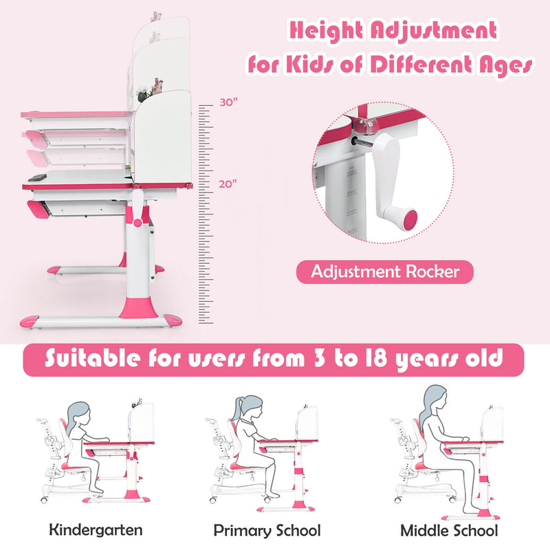 Adjustable Height Study Desk with Drawer and Tilted Desktop for School and Home-Pink