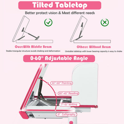 Adjustable Height Study Desk with Drawer and Tilted Desktop for School and Home-Pink