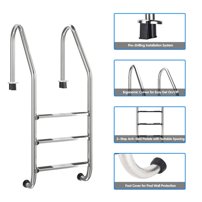 3 Step Stainless Steel Swimming Pool Ladder Handrail for Pool