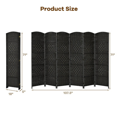 6.5Ft 6-Panel Weave Folding Fiber Room Divider Screen-Black