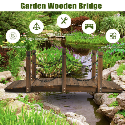 5 Feet Wooden Garden Bridge Arc Footbridge Stained Finish Walkway with Safety Rails