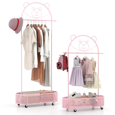 Kid Clothes Rack with 3 Adjustable Heights and Wheels-Pink