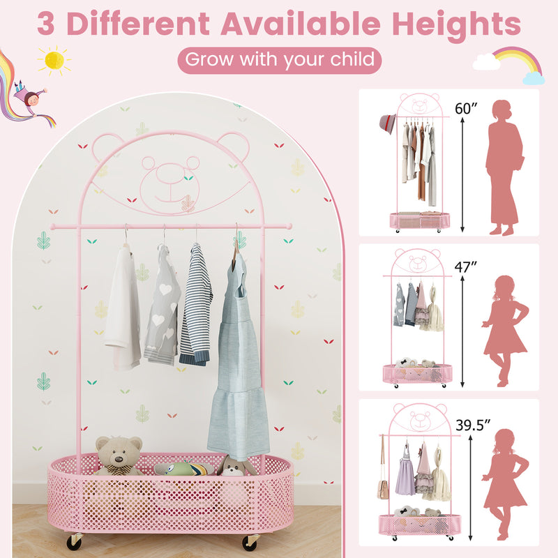 Kid Clothes Rack with 3 Adjustable Heights and Wheels-Pink