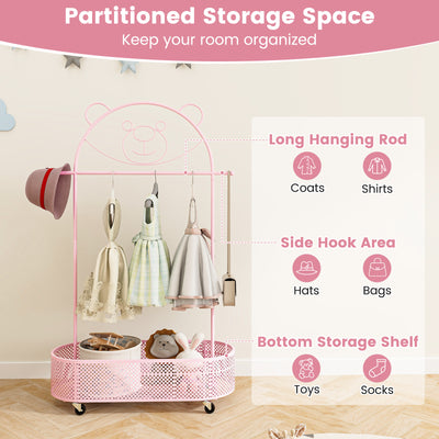 Kid Clothes Rack with 3 Adjustable Heights and Wheels-Pink