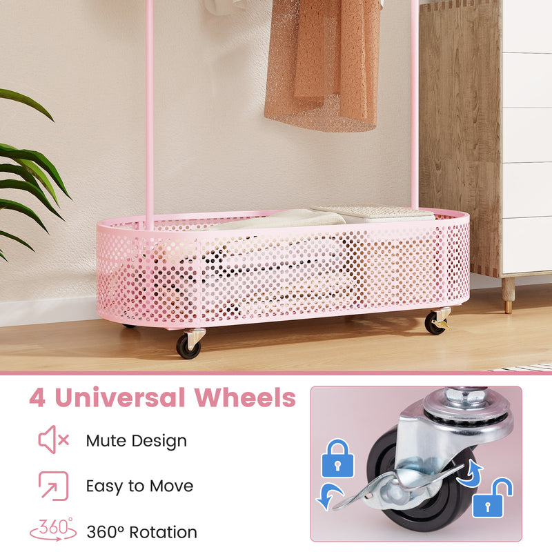 Kid Clothes Rack with 3 Adjustable Heights and Wheels-Pink