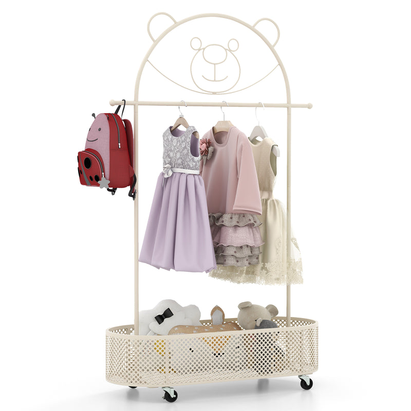 Kid Clothes Rack with 3 Adjustable Heights and Wheels-White