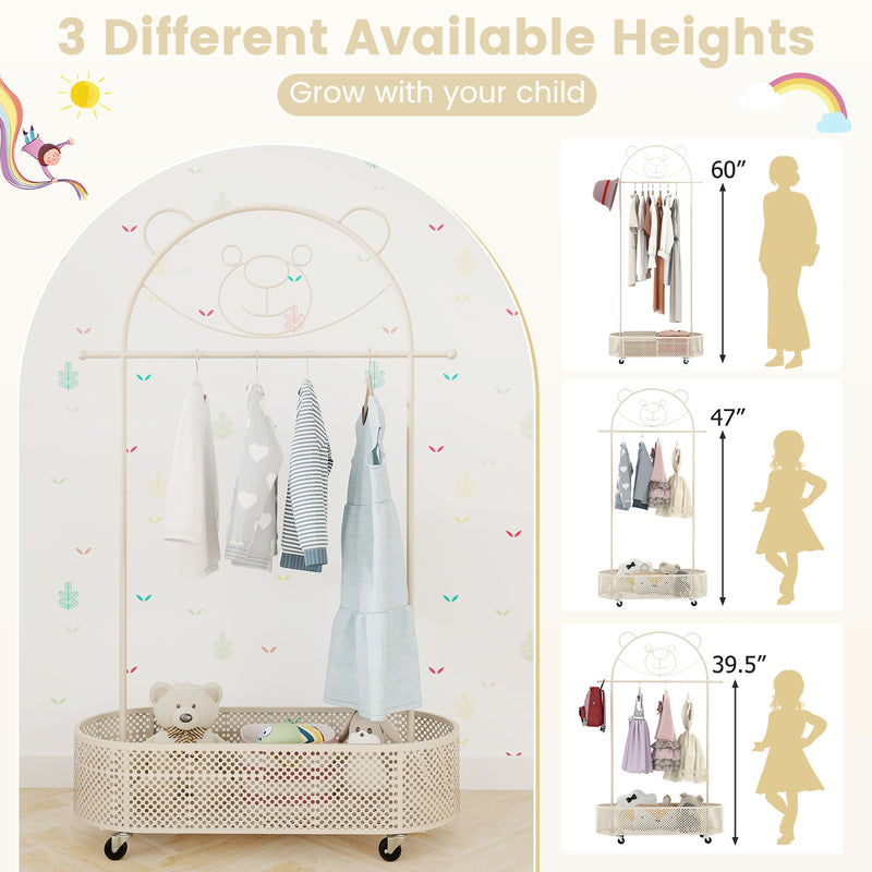 Kid Clothes Rack with 3 Adjustable Heights and Wheels-White