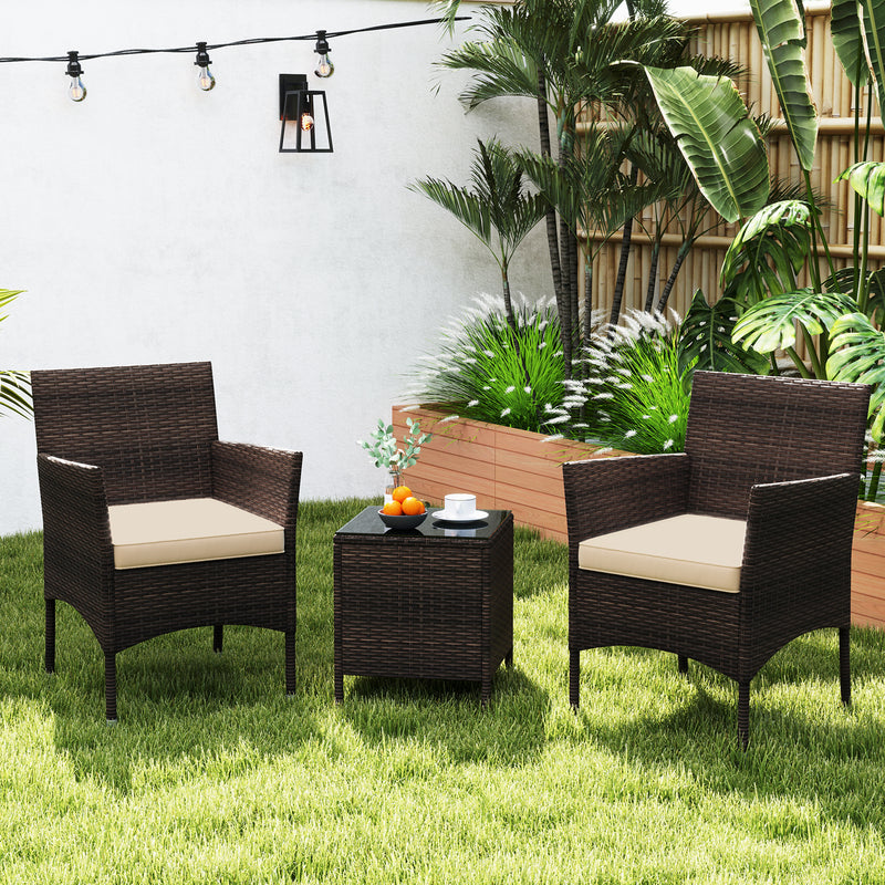 3 Pieces Outdoor Conversation Set with Cushioned Seat and Glass Tabletop-Beige