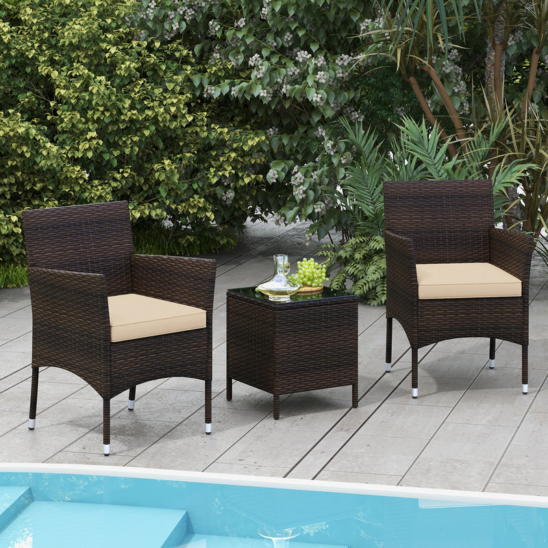 3 Pieces Outdoor Conversation Set with Cushioned Seat and Glass Tabletop-Beige