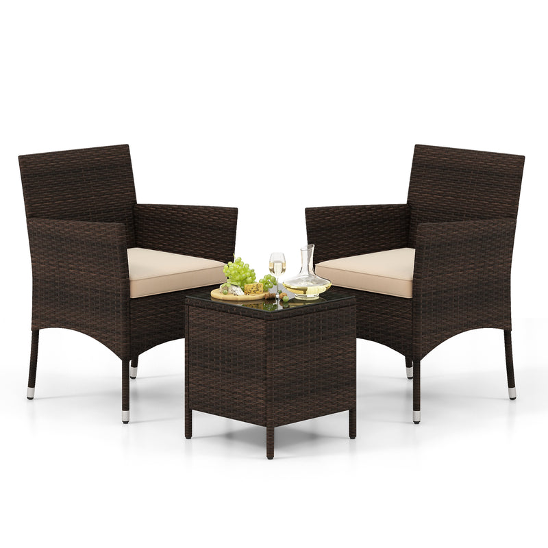 3 Pieces Outdoor Conversation Set with Cushioned Seat and Glass Tabletop-Beige