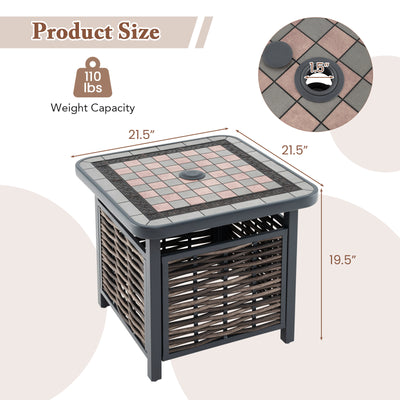 21.5 Inches Outdoor PE Rattan Side Table Square End Table with Umbrella Hole